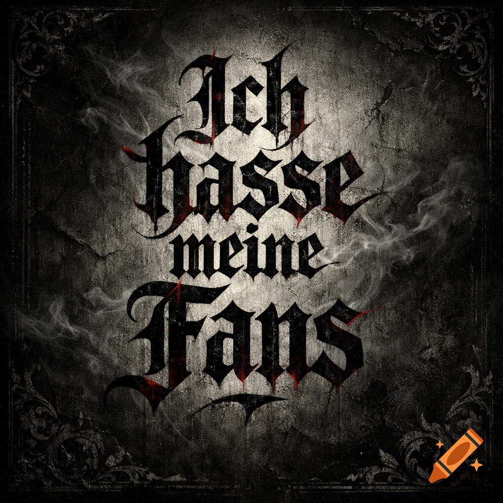 Stylized text 'Ich hasse meine Fans' in black and red gothic font on a dark, cracked background with smoke and an ornate border.