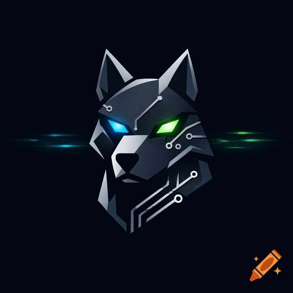 Stylized dark grey wolf head logo with circuit lines, one blue glowing eye and one green glowing eye.