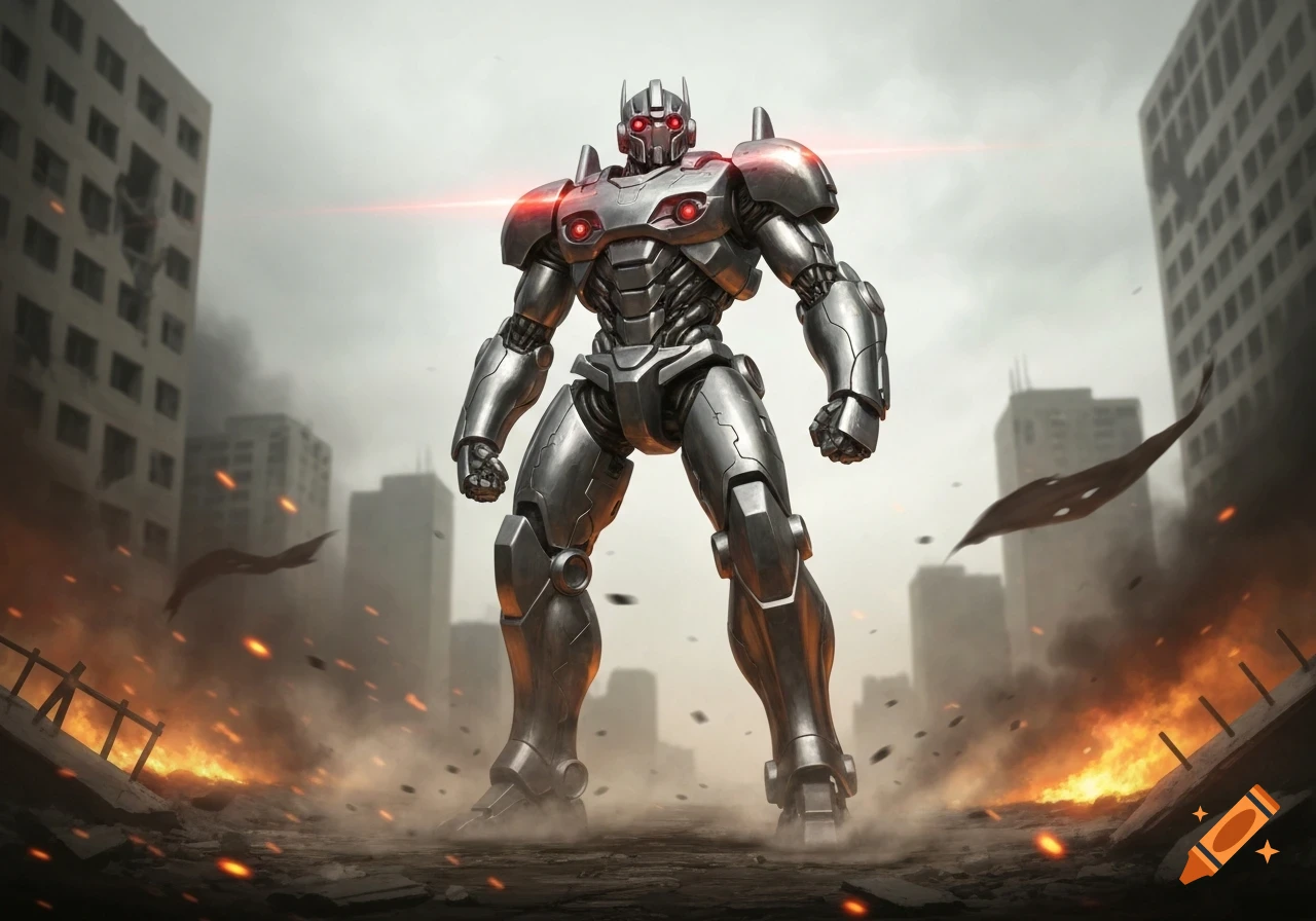 A massive silver robot with glowing red eyes stands in a city ravaged by fire and smoke under a gloomy sky.
