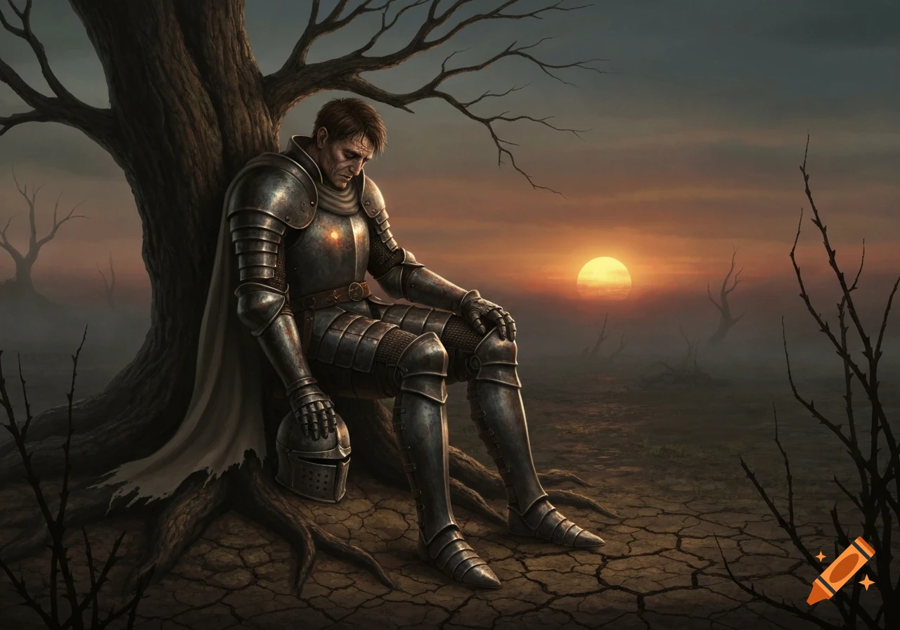 A crestfallen knight in full armor rests against a withered tree in a desolate, cracked landscape at sunset, dark fantasy art.