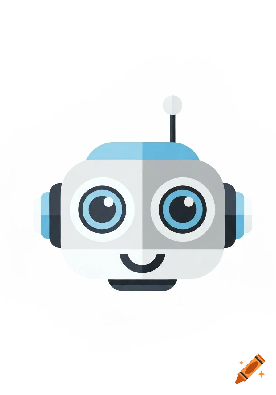 A cute, minimalist flat design illustration of a robot face with large blue eyes, a smile, and an antenna.