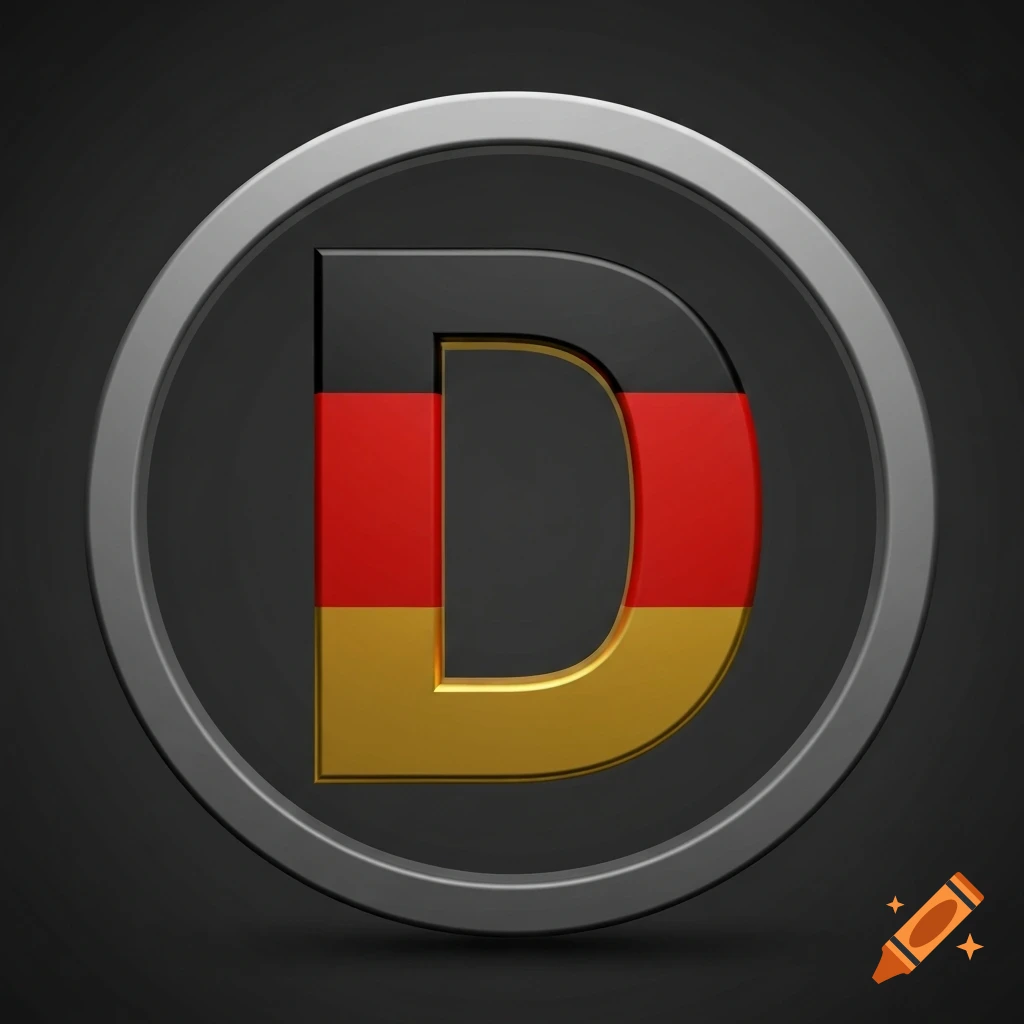 Three-dimensional letter D colored black, red, and gold, resembling the German flag, set within a metallic gray ring on a dark background.