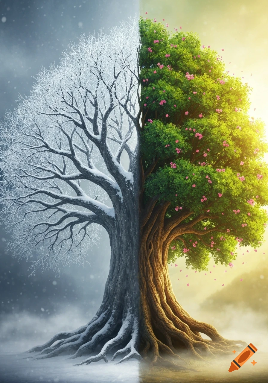 A large tree split vertically, half covered in winter snow and bare branches, half vibrant green with pink spring blossoms under a sunny sky.