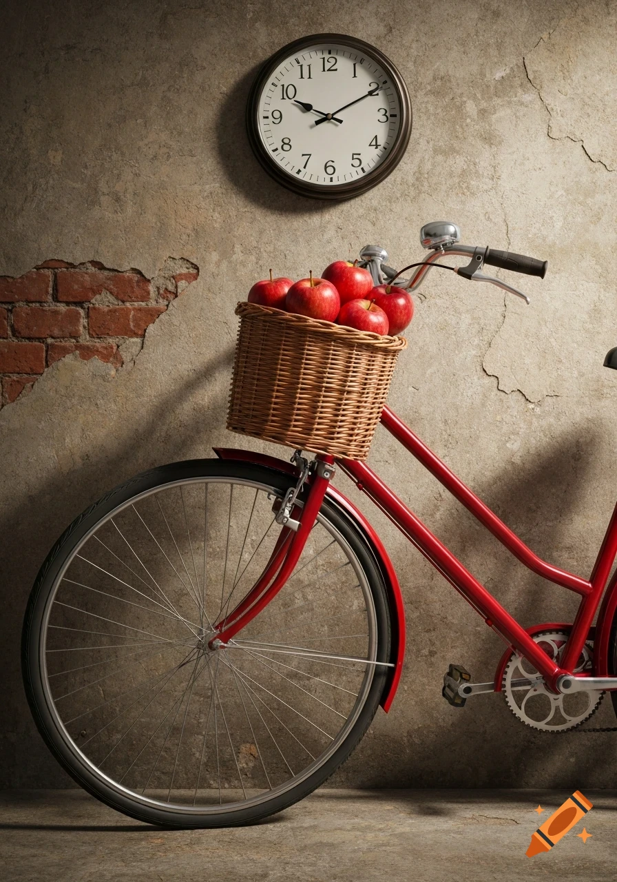 A photorealistic image of a vintage red bicycle with five red apples in its front basket, standing against a weathered wall with a clock.