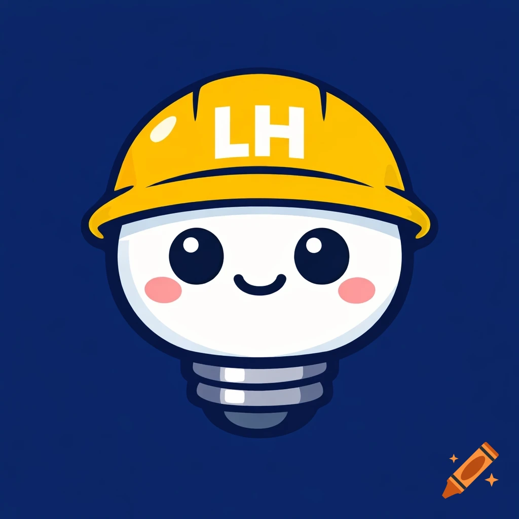 A cute, happy lightbulb character wearing a yellow hard hat with 'LH' on it, against a navy blue background in a flat illustration style.
