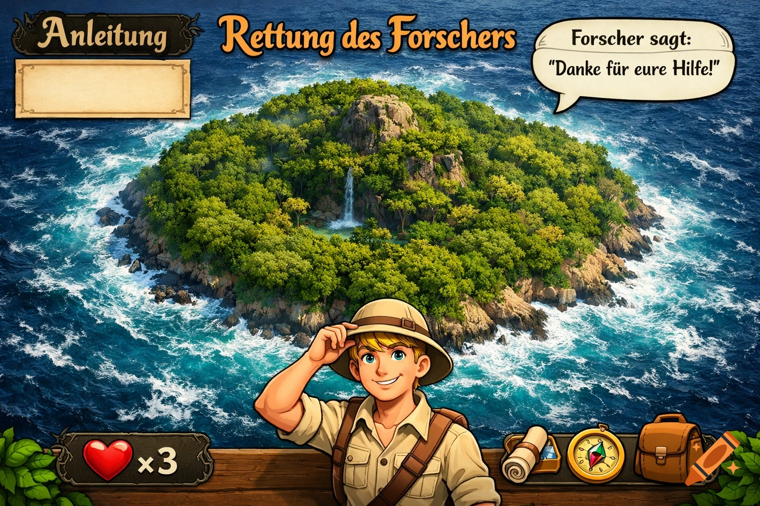 Game UI with an explorer in the foreground, an island surrounded by turquoise water, and text in German: "Anleitung", "Rettung des Forschers", and "Forscher sagt: Danke für eure Hilfe!"