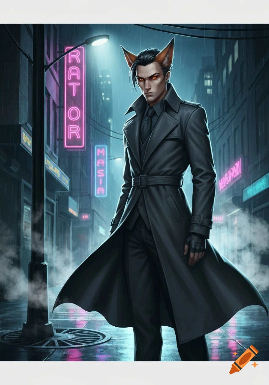 A tall, fox-like human man with glowing red eyes and a dark trench coat stands in a rainy, neon-lit cyberpunk city street.