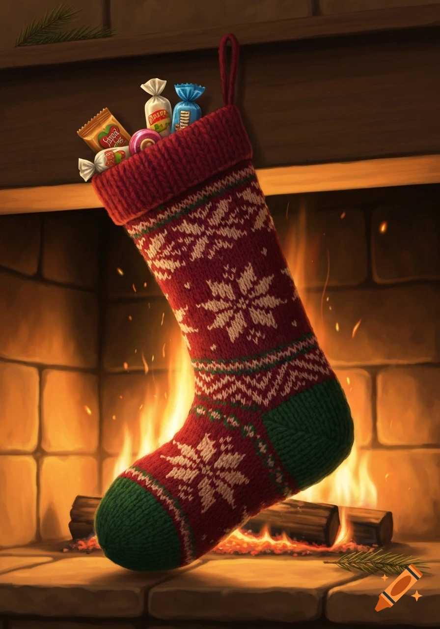 A festive red and white knit Christmas stocking, filled with candies, hangs over a warm, glowing fireplace.