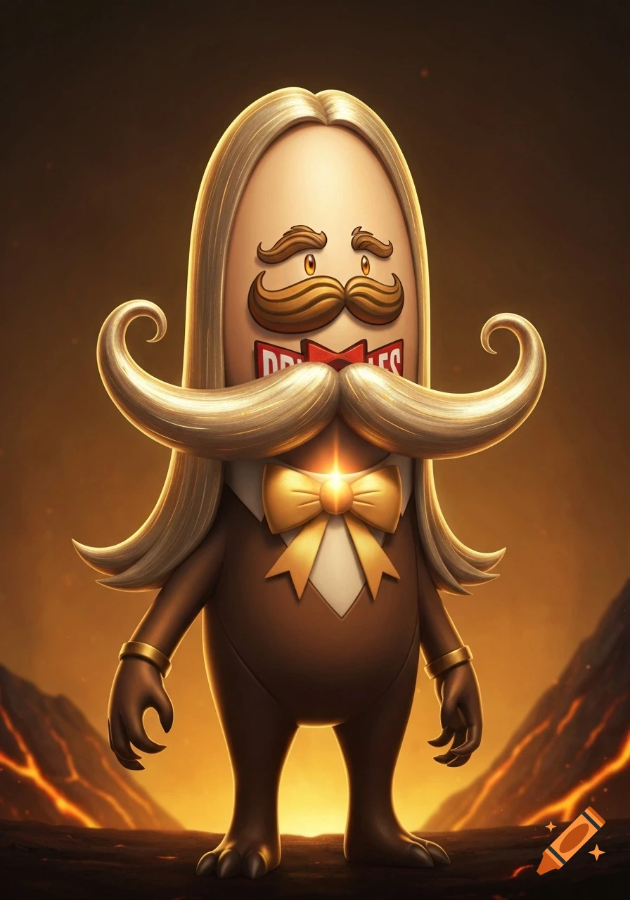 A stylized, regal Pringles-like mascot with a golden mustache, long hair, and a glowing bow tie, standing in a volcanic landscape.
