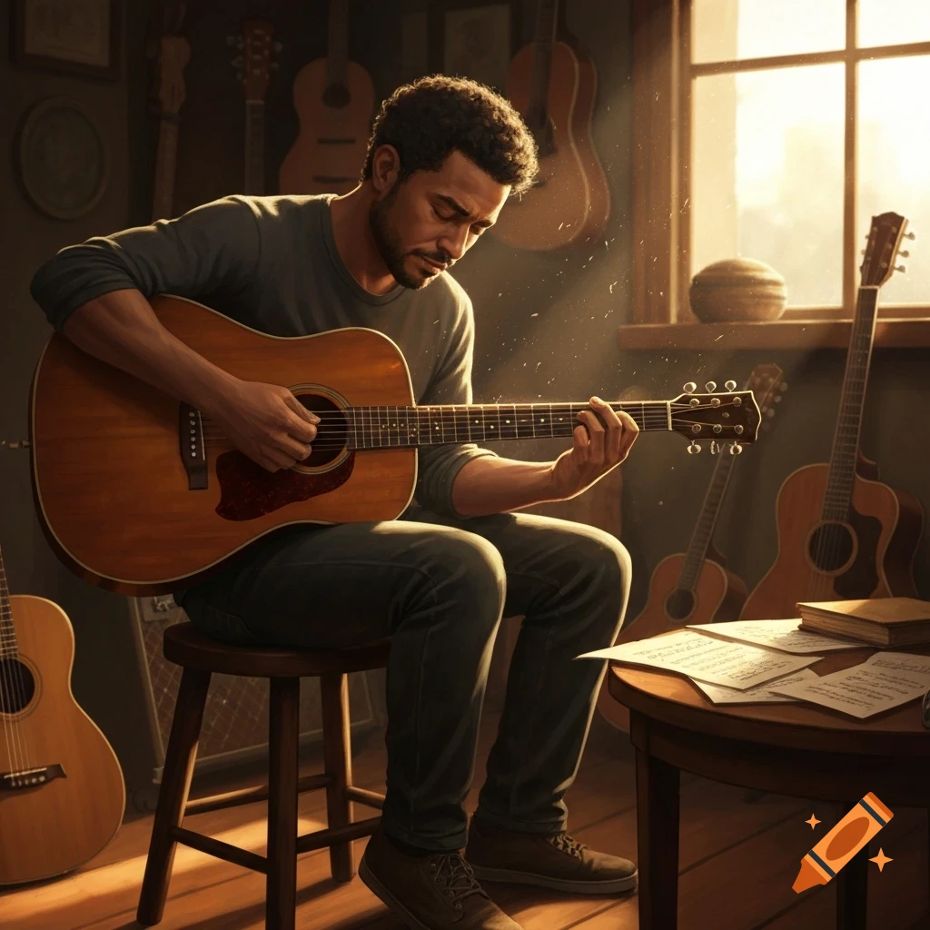 A man plays an acoustic guitar on a stool in a warm room filled with other guitars, bathed in sunlight.