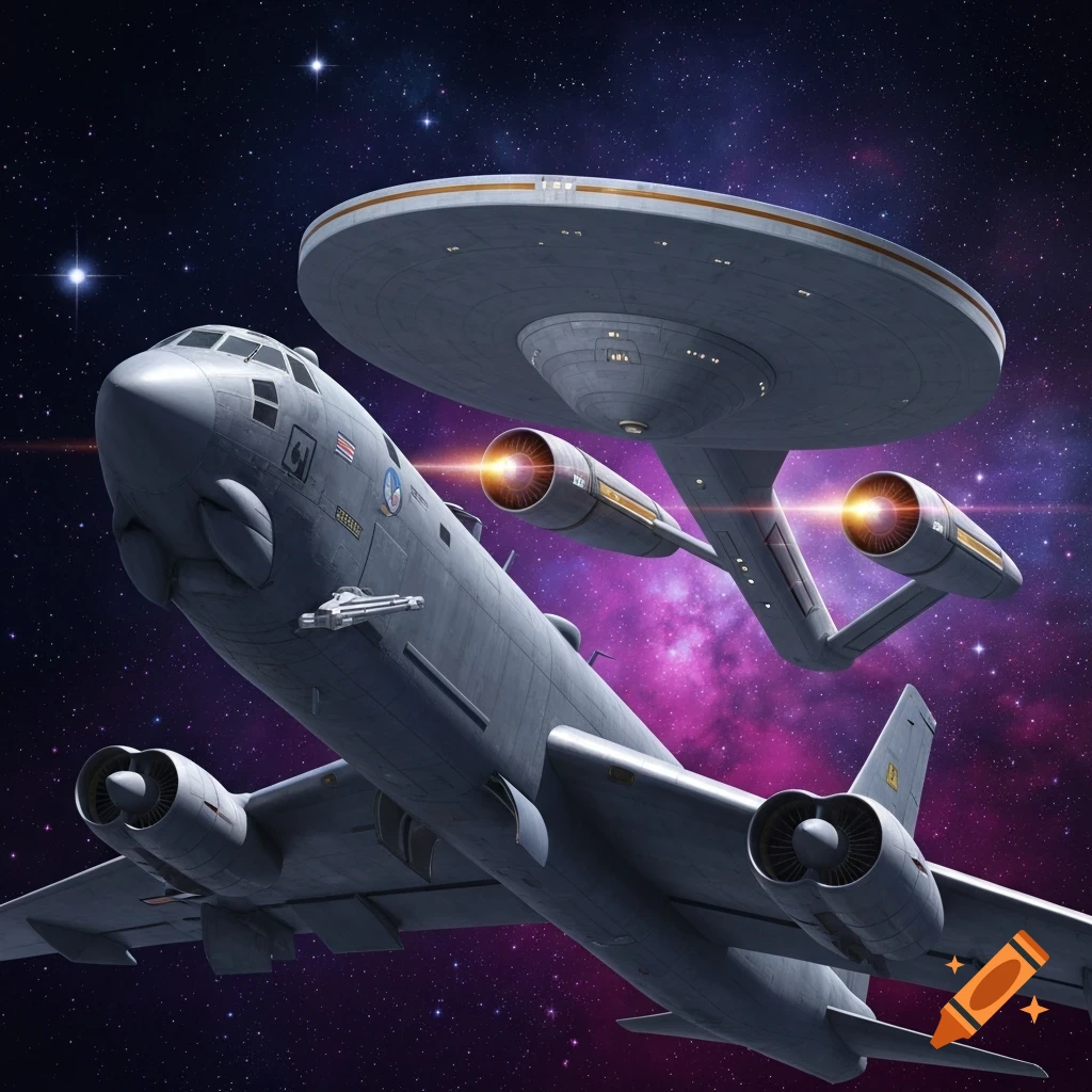 A photorealistic B-52 bomber and the Starship Enterprise fly side-by-side in deep space against a colorful nebula.