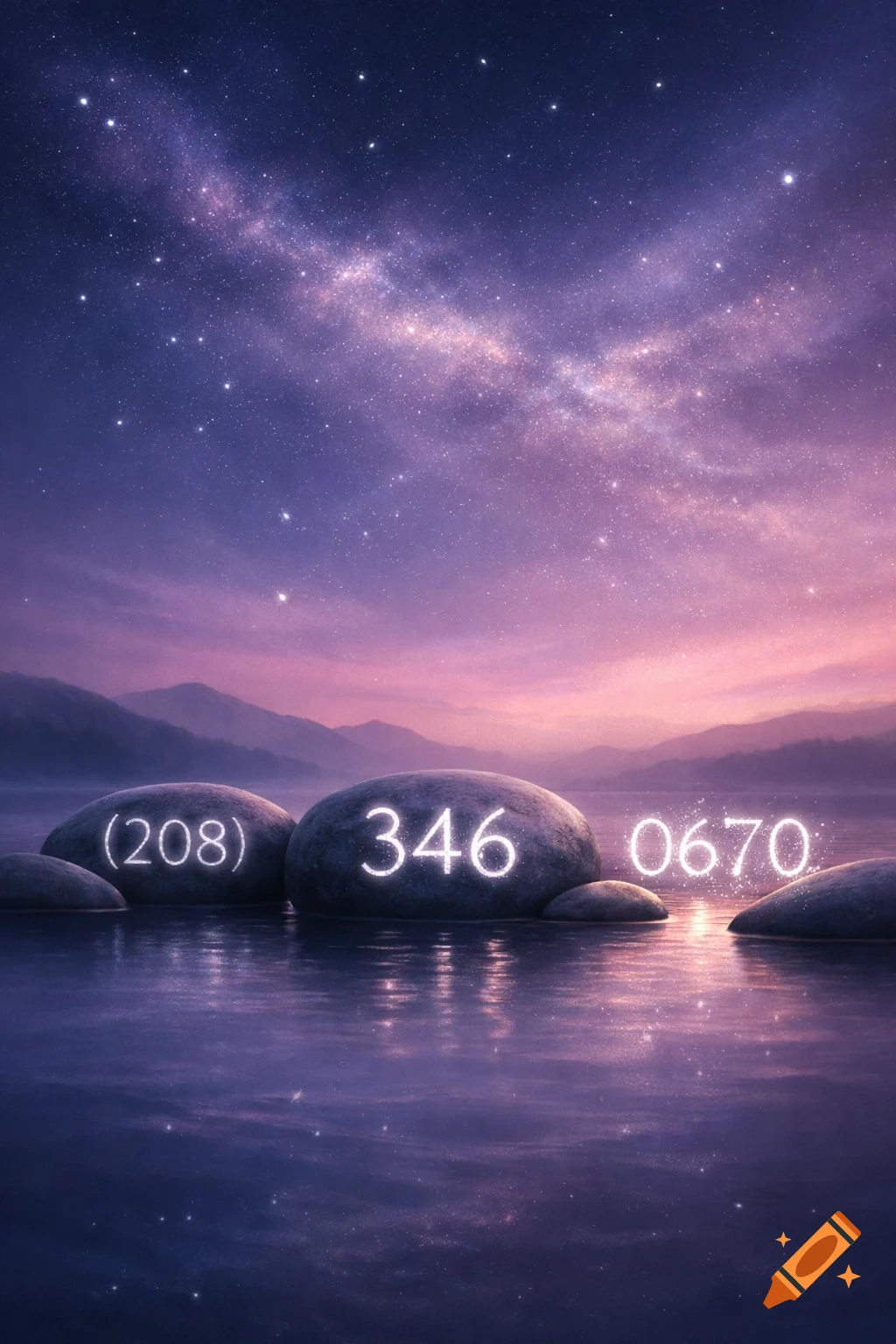 Glowing phone number segments on rocks in a tranquil lake under a vibrant, star-filled galaxy night sky with distant mountains.