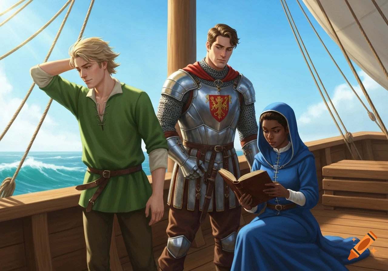 Three people in medieval attire on a ship. A blonde man looks out at sea, a knight stands, and a girl in blue reads a book.