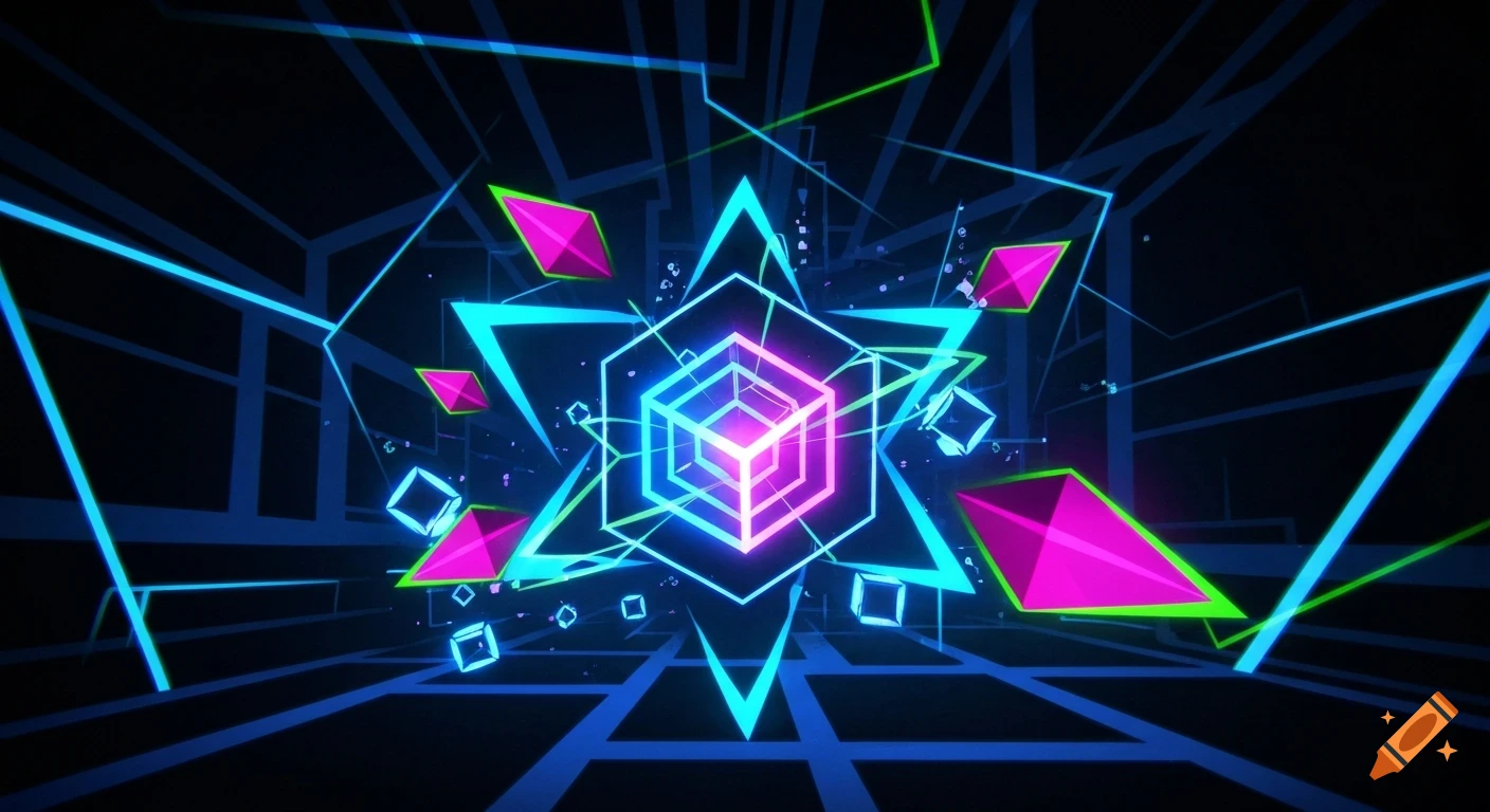 Abstract neon geometric pattern with a central glowing cube-like structure surrounded by triangles and lines against a dark background.