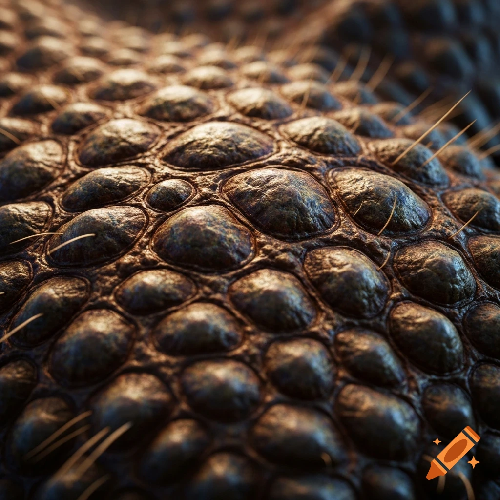 Close-up of dark, bumpy, rough monster skin or scales with fine spiky hairs, lit by warm light, photorealistic.