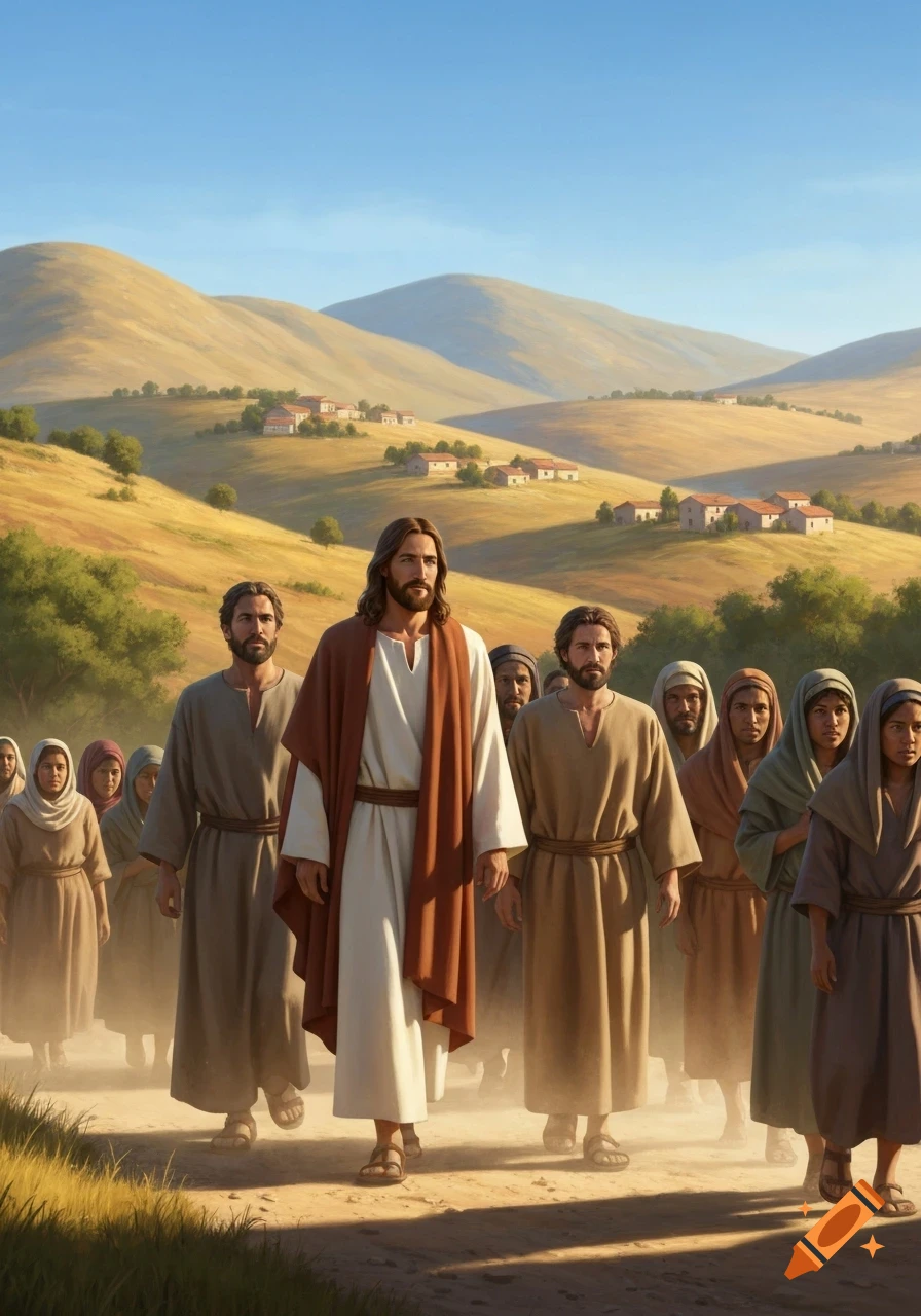 Jesus leads disciples on a dusty path through a sunlit, rolling landscape with distant villages, followed by a crowd.