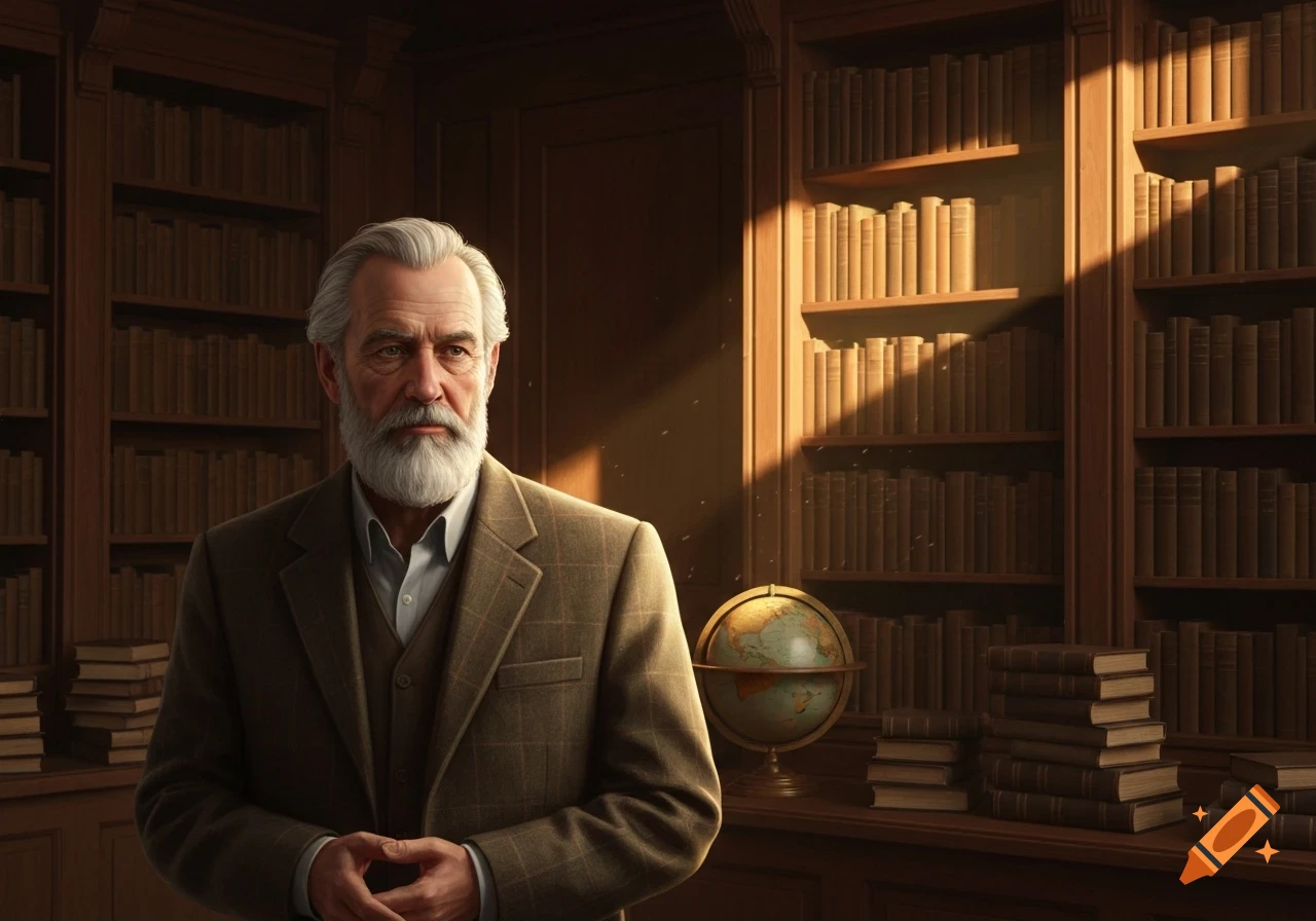 A distinguished professor with a white beard and gray hair stands in a dimly lit, wood-paneled library, lit by a ray of sunlight.