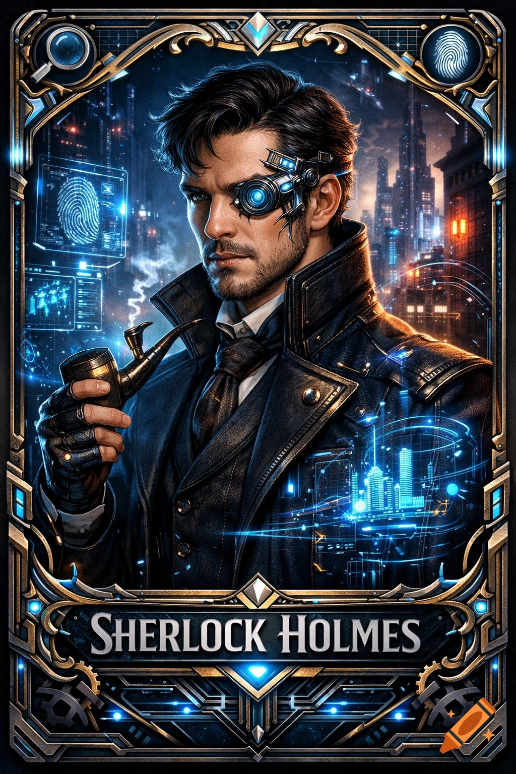 A futuristic Sherlock Holmes character with a glowing eyepiece and pipe, against a cyberpunk city, within an ornate card frame. Text: SHERLOCK HOLMES.
