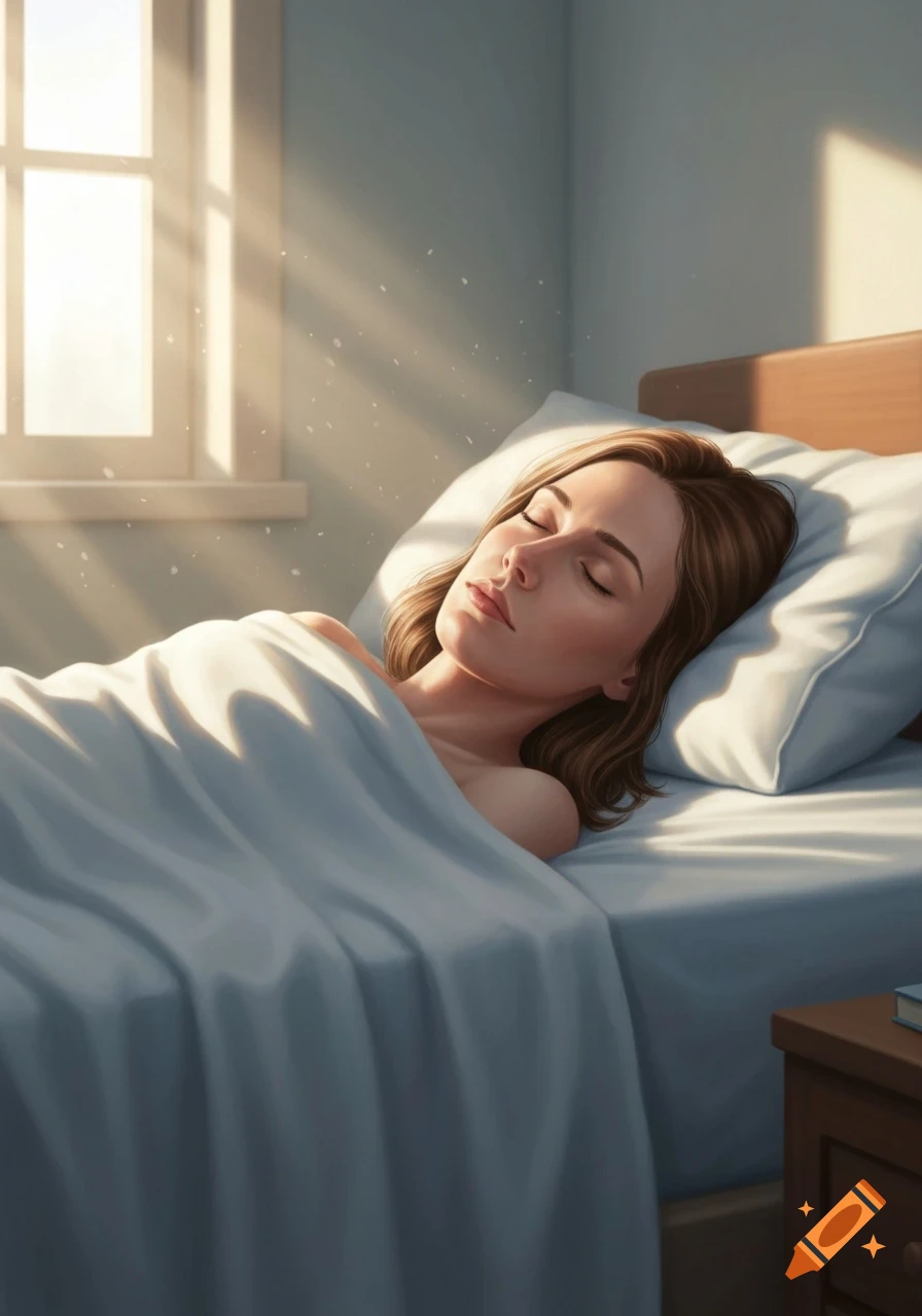 An illustration of a woman sleeping peacefully in bed, bathed in morning sunlight streaming through a window.