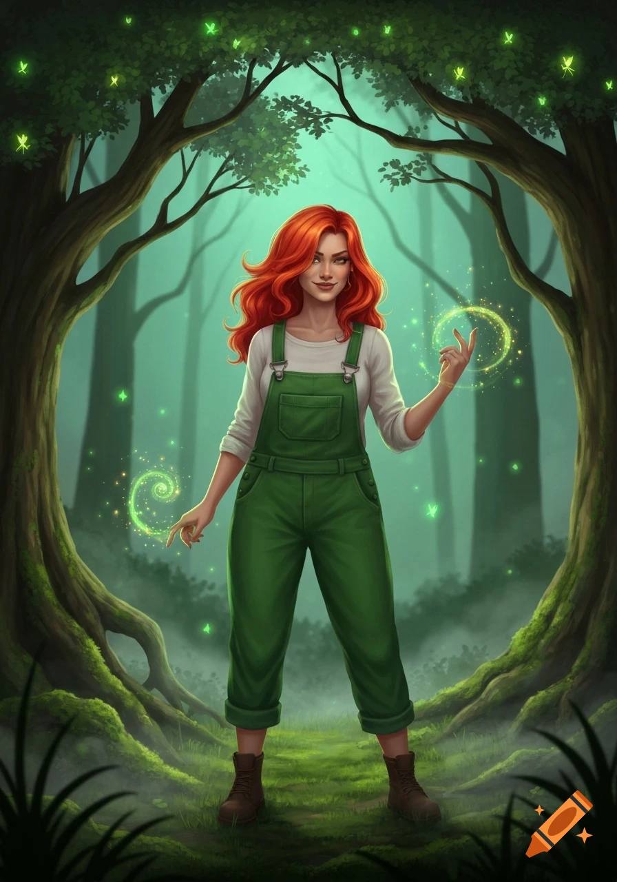 A painted illustration of a red-haired witch in green overalls, standing in a magical forest and conjuring glowing green light.