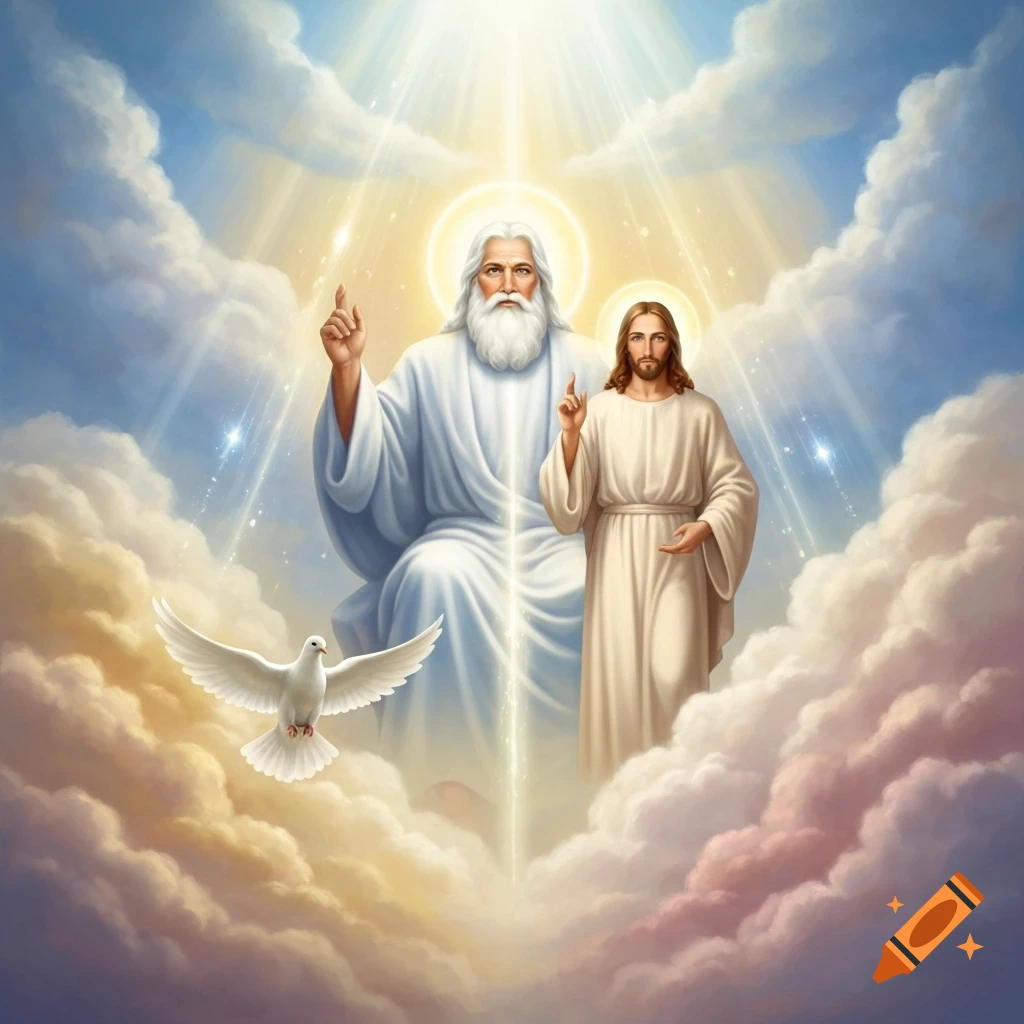God the Father and Jesus stand amidst glowing clouds, with a white dove (Holy Spirit) flying below, in a divine art style.