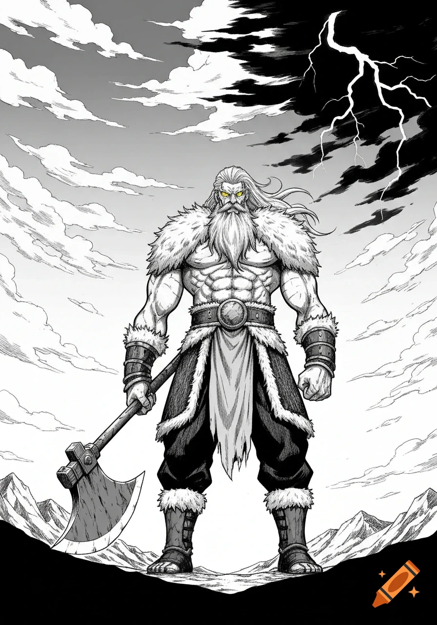 Manga sketch of a muscular, bearded man in fur armor holding an axe, standing beneath a dramatic sky with lightning and mountains.