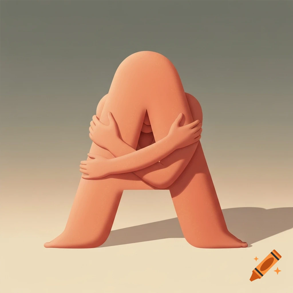 A peach-colored, abstract figure shaped like the letter A, with arms wrapped around its bent legs in an embrace, against a muted background.