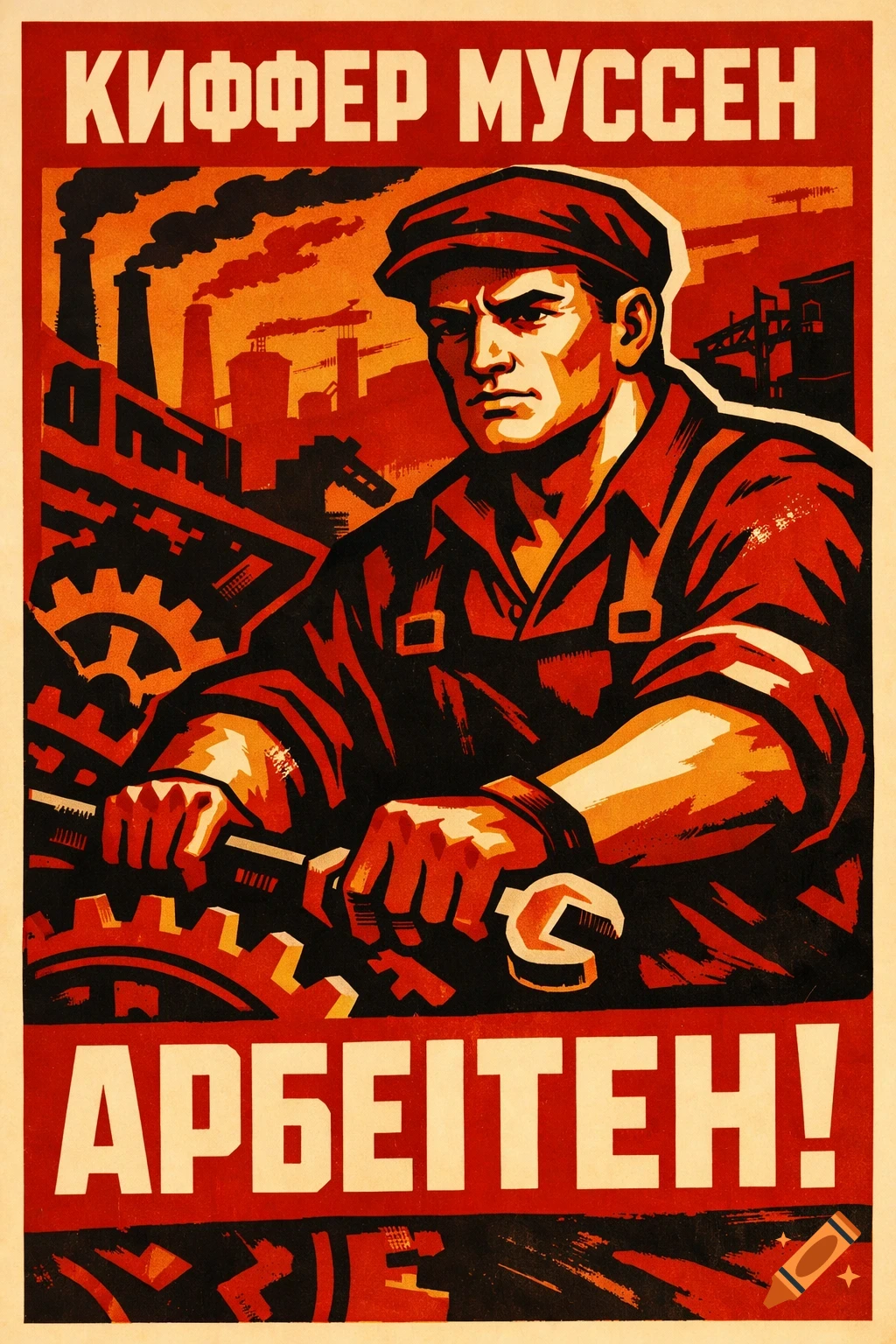 A vintage-style communist propaganda poster depicts a stern-faced worker in a cap and overalls, holding a wrench against industrial gears, with factory smokestacks in the background. Bold red and yellow text is at the top and bottom.