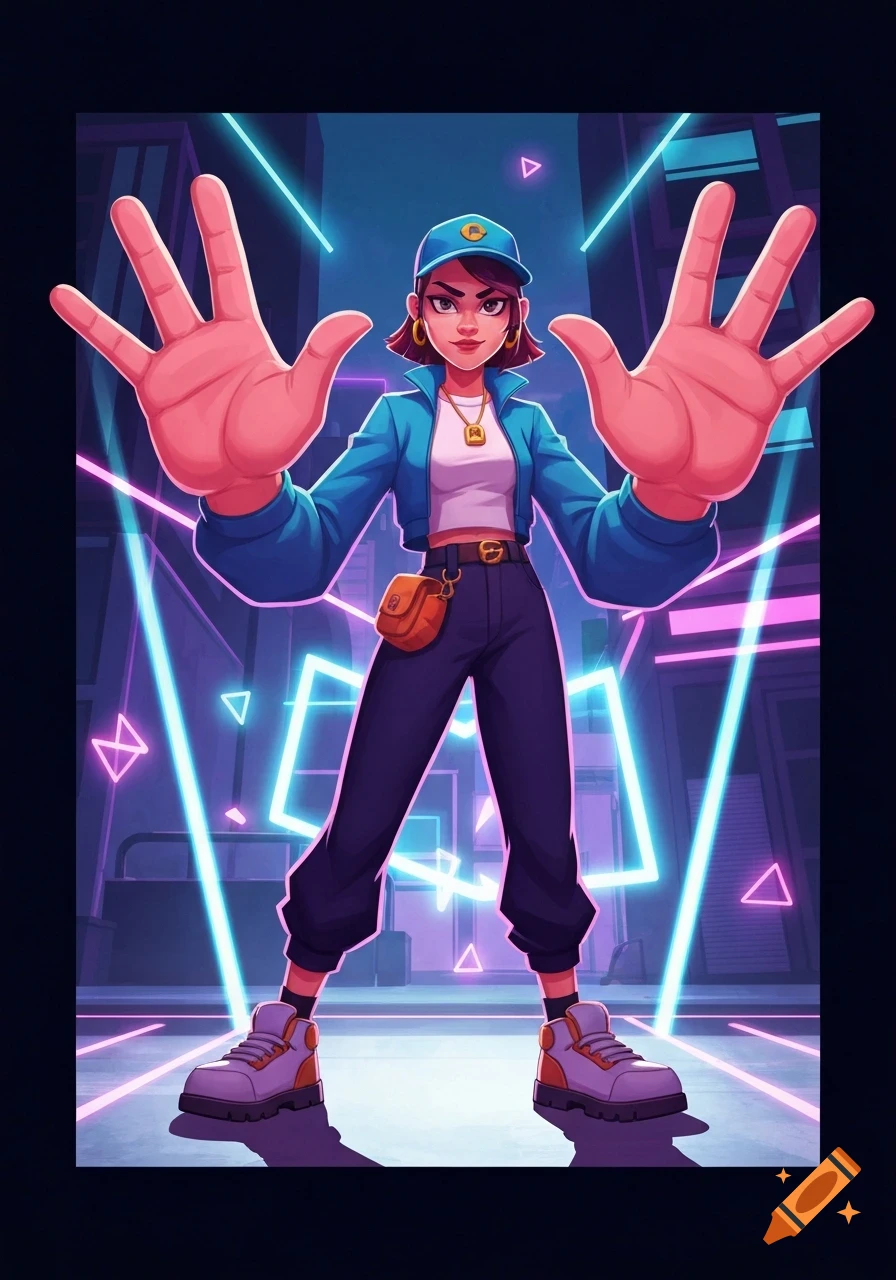 A stylized cartoon girl with large hands, wearing a blue jacket, cap, and fanny pack, stands in a neon cityscape.
