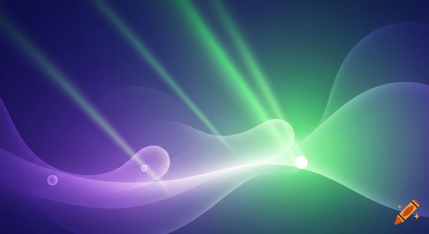 Abstract digital painting with a serene gradient of deep indigo, violet, and emerald green, featuring ethereal light rays and flowing shapes.