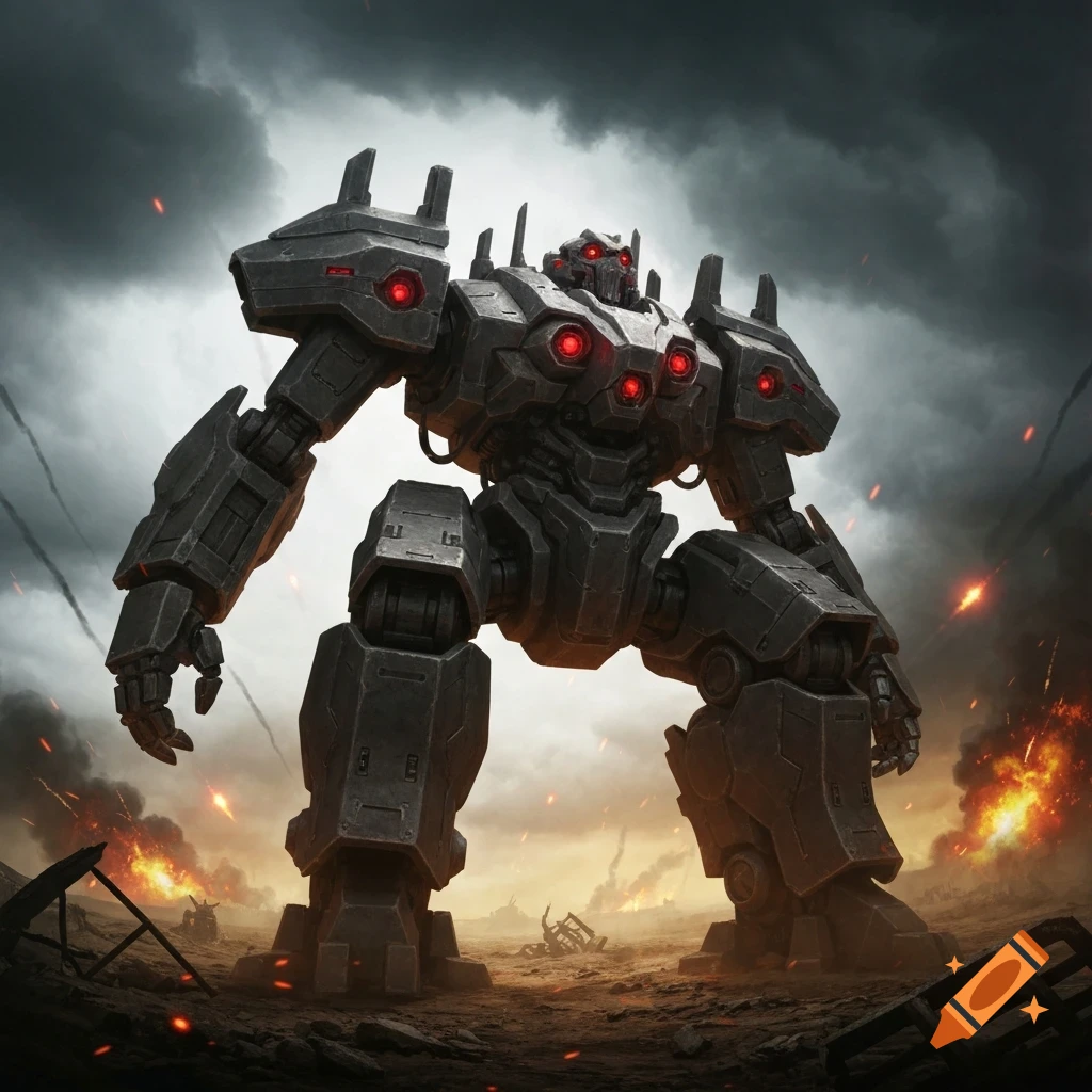 A colossal dark gray mecha with glowing red eyes stands in a war-torn, fiery landscape under a stormy sky.