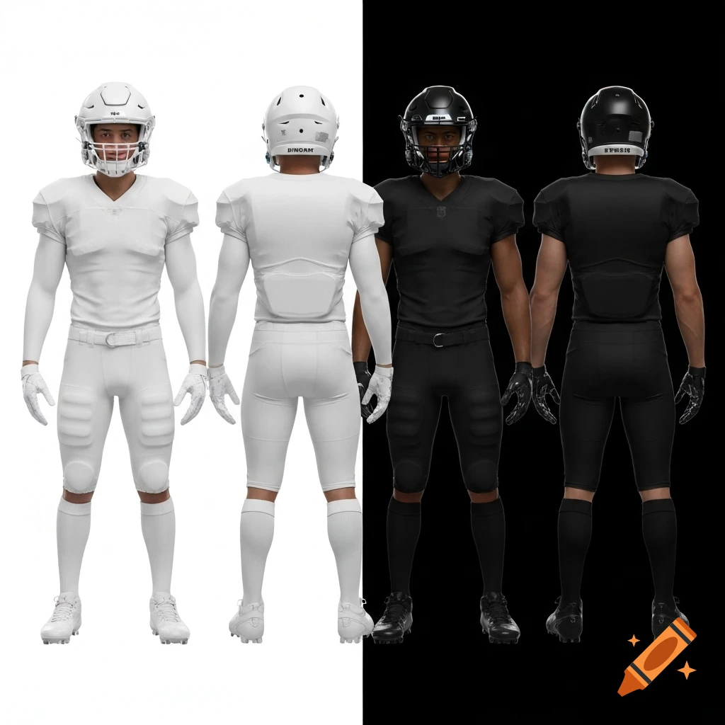 Four photorealistic American football players in full uniform, two in white and two in black, standing upright on a split white and black background.