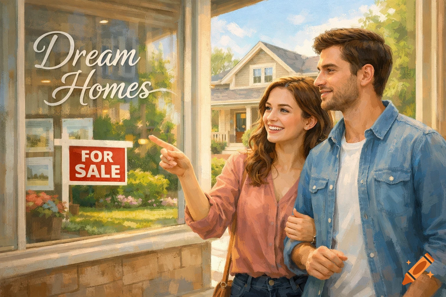 An illustration of a happy couple looking at a real estate office window displaying 'Dream Homes' and a 'FOR SALE' sign.
