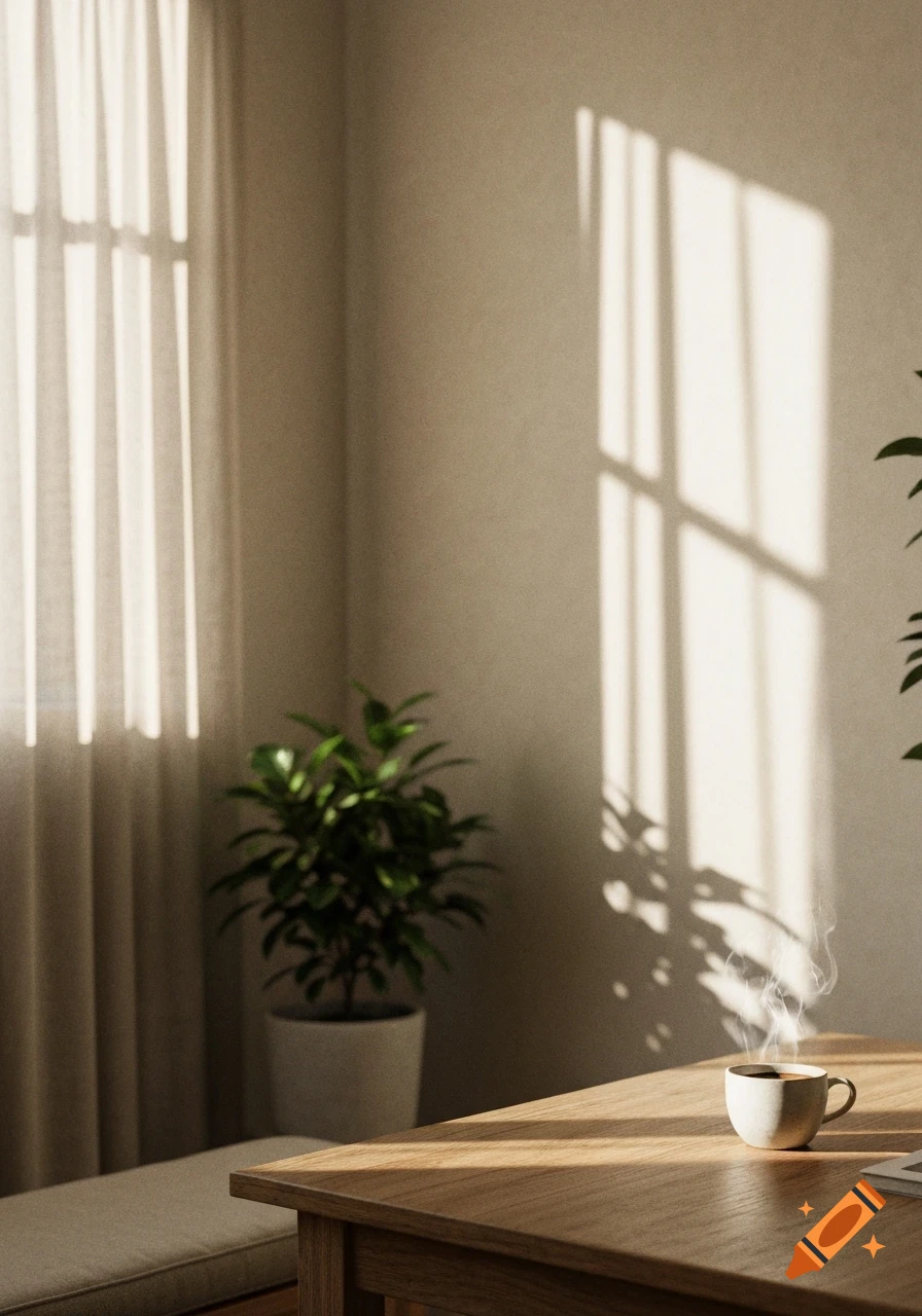 Steaming coffee cup on a wooden table in a minimalist room with natural sunlight and a plant.