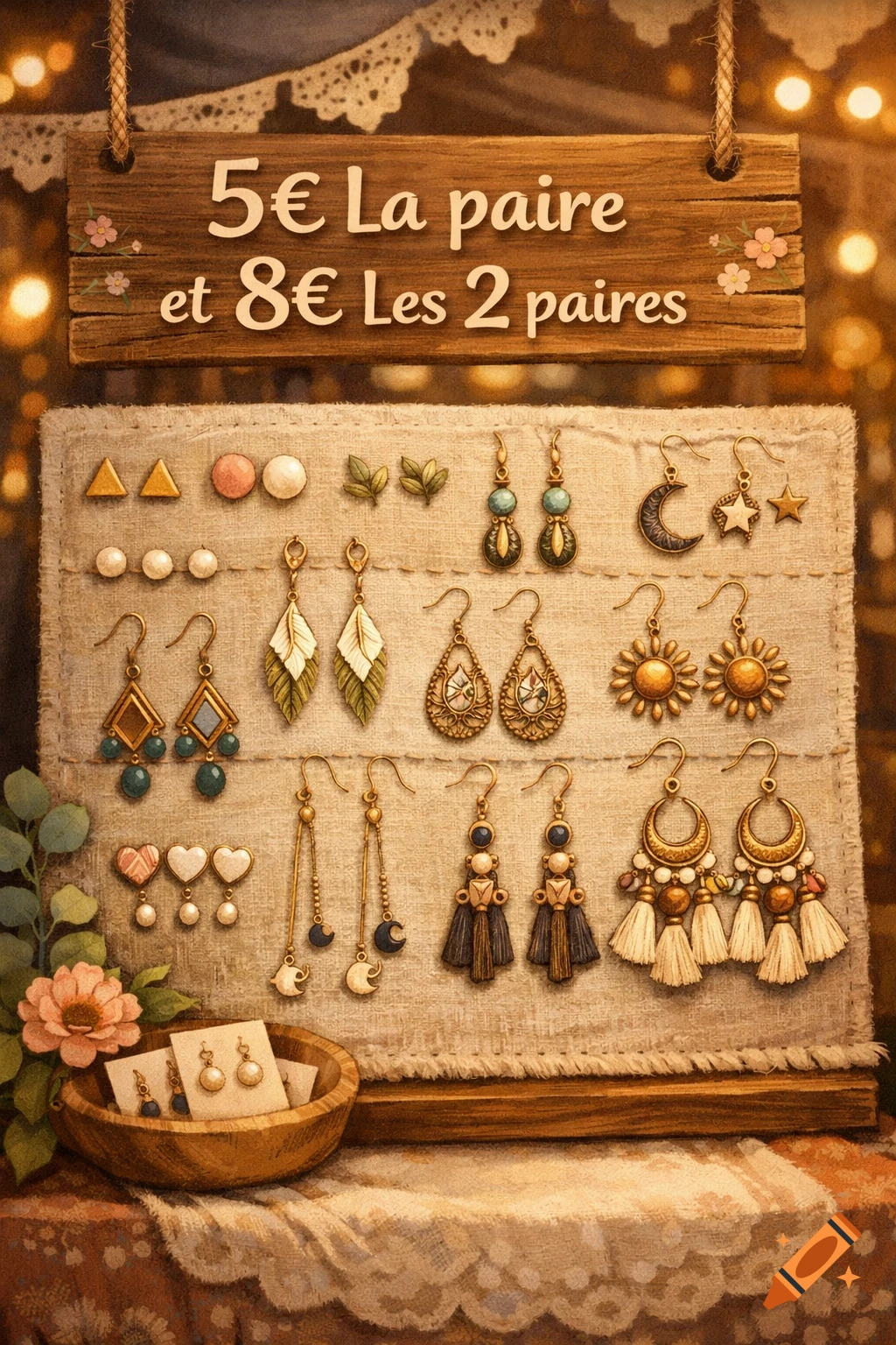 A rustic display of assorted bohemian-style earrings on a fabric-covered stand, with a wooden sign above showing prices of 5 es La paire et 8 es Les 2 paires.