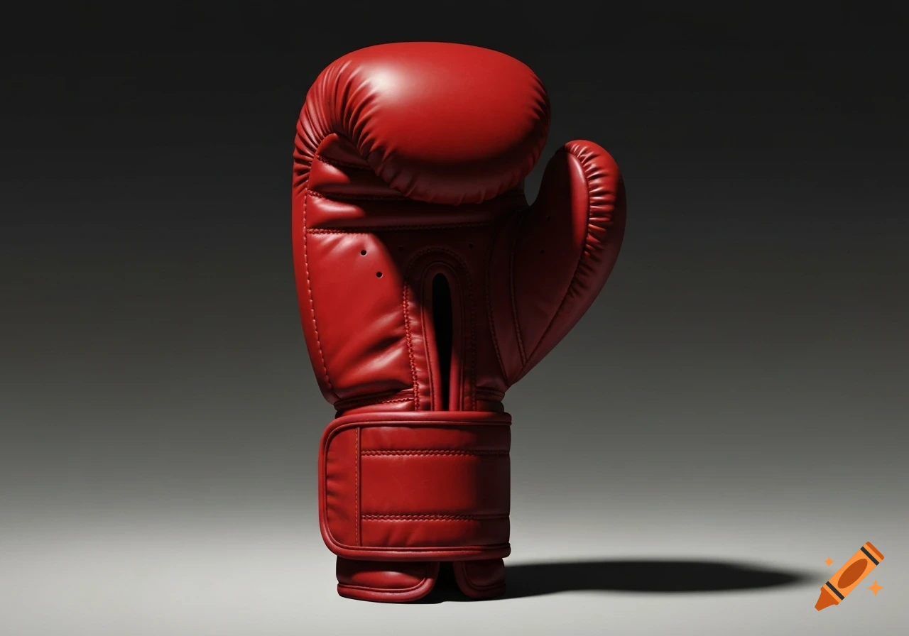 A hyper realistic red boxing glove stands upright with dramatic lighting against a neutral background.