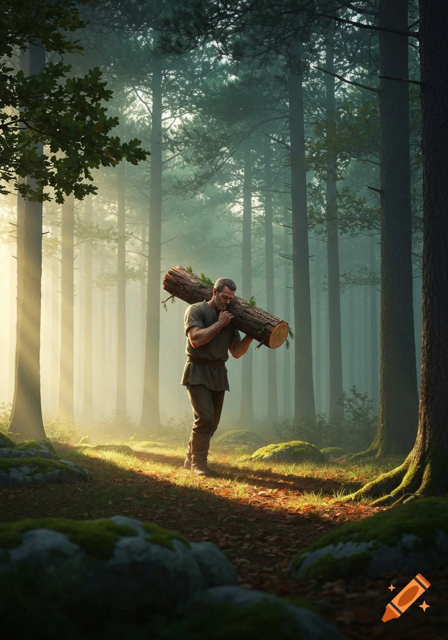 A strong man carries a large log on his shoulder, walking through a misty, sunlit forest.