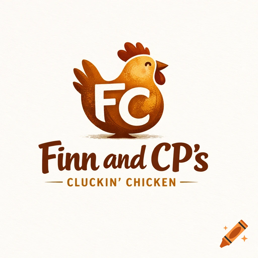A brown chicken logo with 'FC' on its body, and the text 'Finn and CP's CLUCKIN' CHICKEN' below.