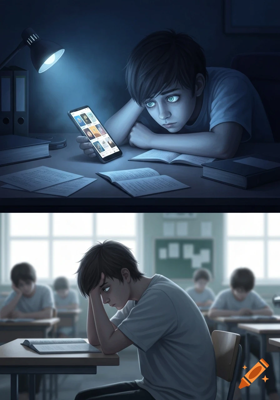 A two-panel digital illustration shows a tired student, first scrolling on a phone at night, then slumped at a desk in a classroom.