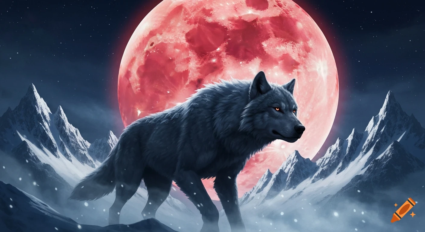 A majestic grey wolf with glowing orange eyes stands on a snowy ...