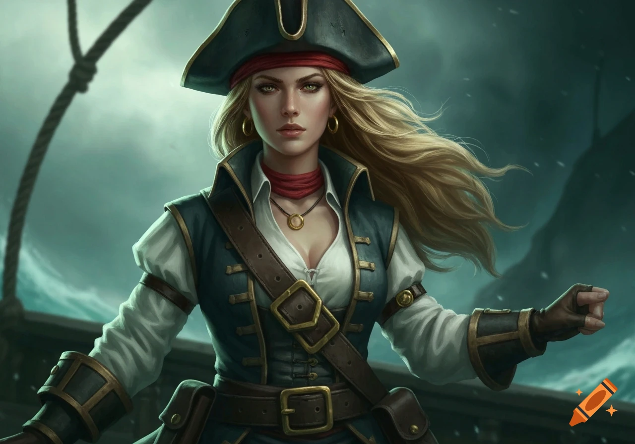 A digitally painted young blonde female pirate in a hat and vest stands on a ship deck with a stormy background.