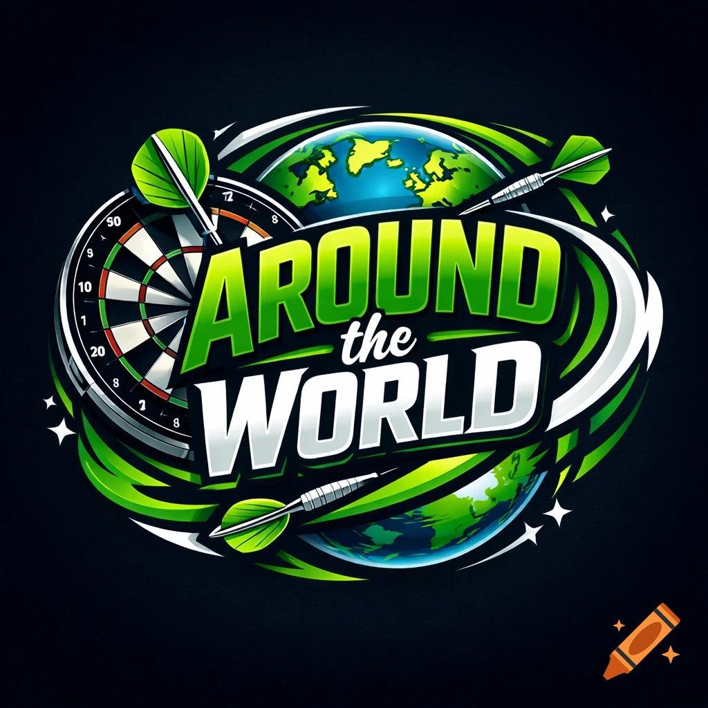 A vibrant, sporty logo for a dart game featuring the text 'AROUND the WORLD' in green and white, a dartboard, and a globe.