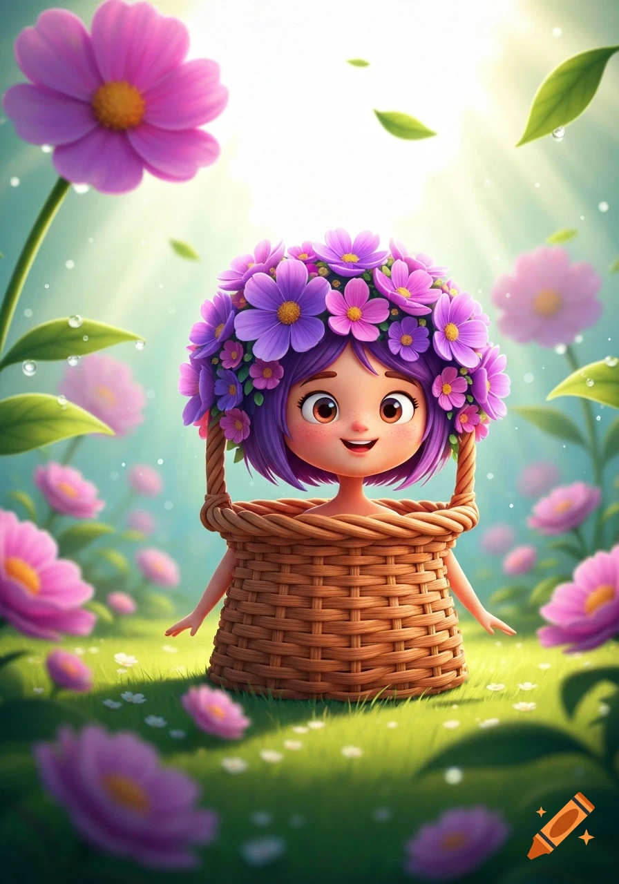 A cute cartoon girl with purple hair and a crown of purple and pink flowers, peeking out of a woven basket in a whimsical floral garden.