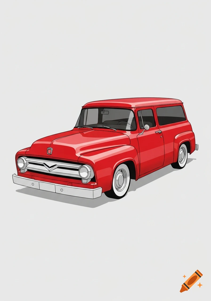 A stylized illustration of a red 1956 Ford F-100 panel wagon on a light background.