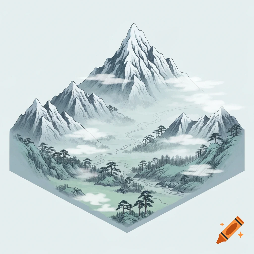 An isometric illustration of snow-capped mountains and a valley with a winding river and pine trees, in a tranquil shan-shui style.