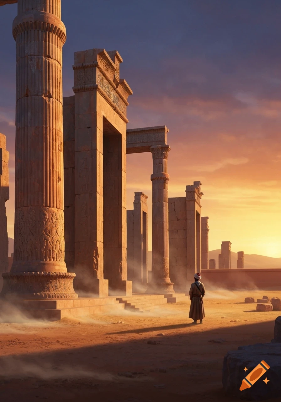 A person stands amidst ancient desert ruins with tall columns and archways under an orange sunset.