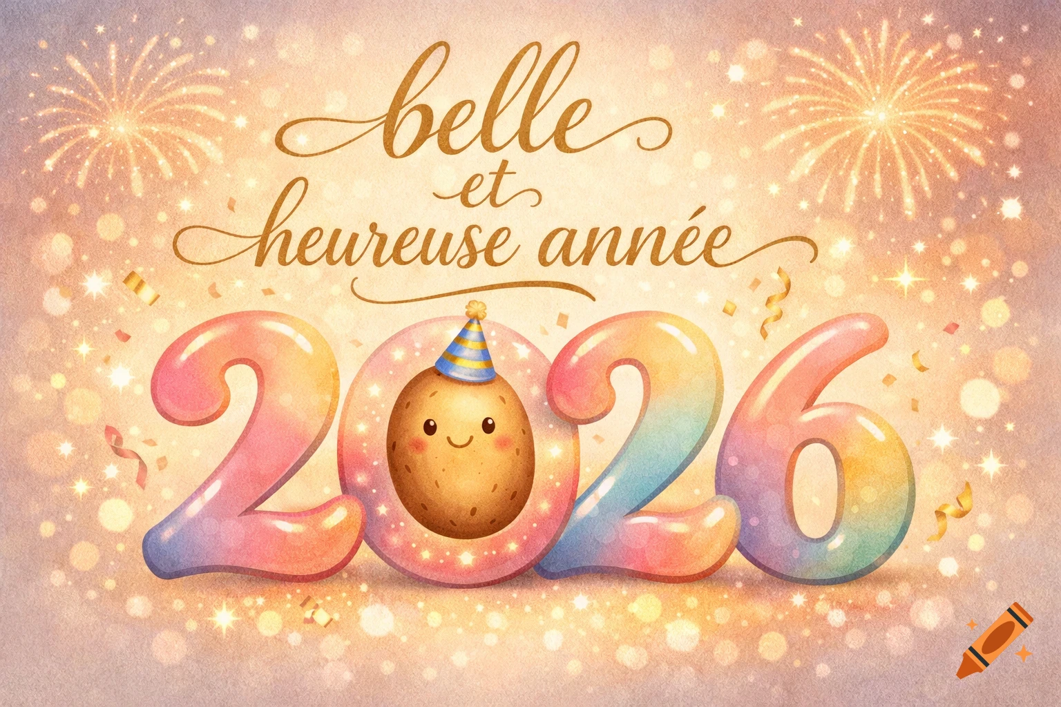 A pastel-colored New Year's greeting card with "belle et heureuse année" in script above "2026". The '0' in 2026 is a smiling potato wearing a party hat. Golden fireworks and confetti fill the background.