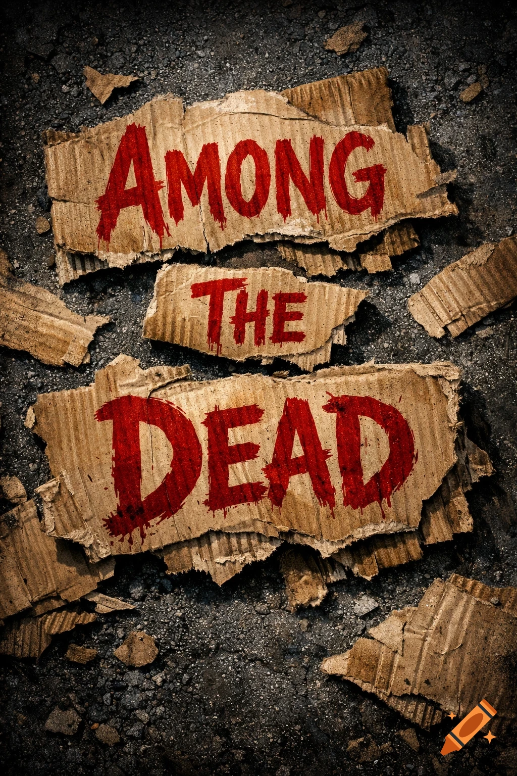 Blood-red text 'AMONG THE DEAD' on ripped corrugated cardboard against a dark, gritty asphalt background in a grunge style.