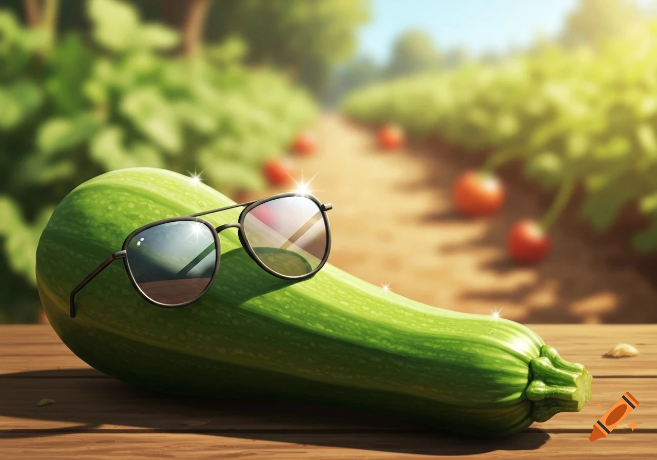 A cool zucchini wearing black sunglasses on a wooden table, in a sunny garden with blurred plants and red fruits in the background.