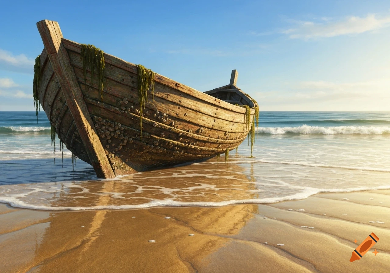 Weathered wooden boat on a sandy beach with gentle waves under a clear blue sky, photorealistic.